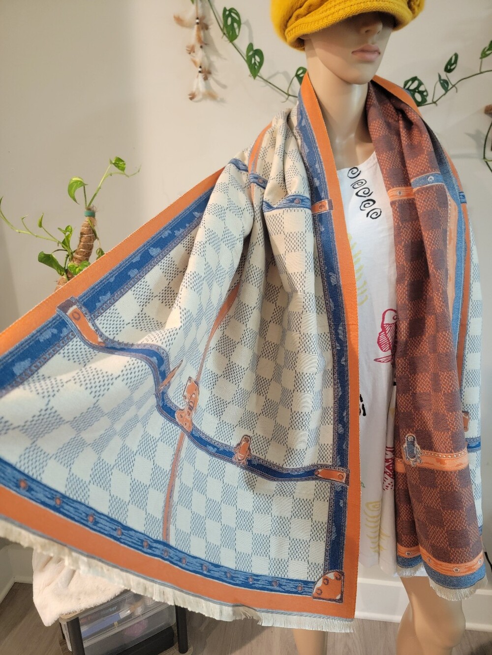 Designer-Inspired Reversible Checkered Pattern Scarf Wrap Poncho Cape
